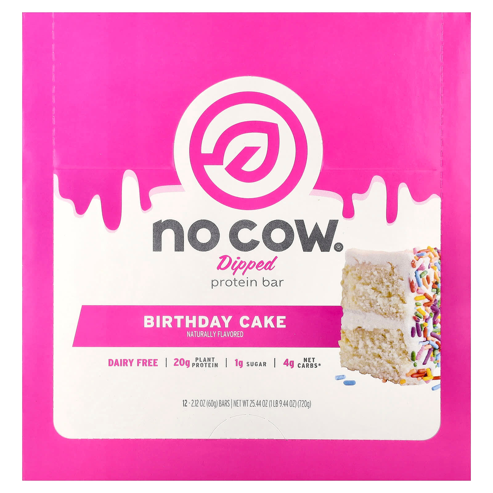 No Cow, протеиновый батончик в глазури, со вкусом праздничного торта, 12 батончиков по 60 г (2,12 унции)