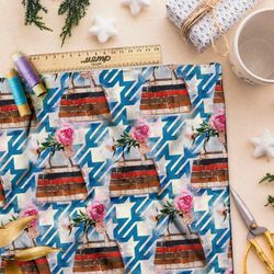 Ткань атлас яркие розы в горшке с мозаикой