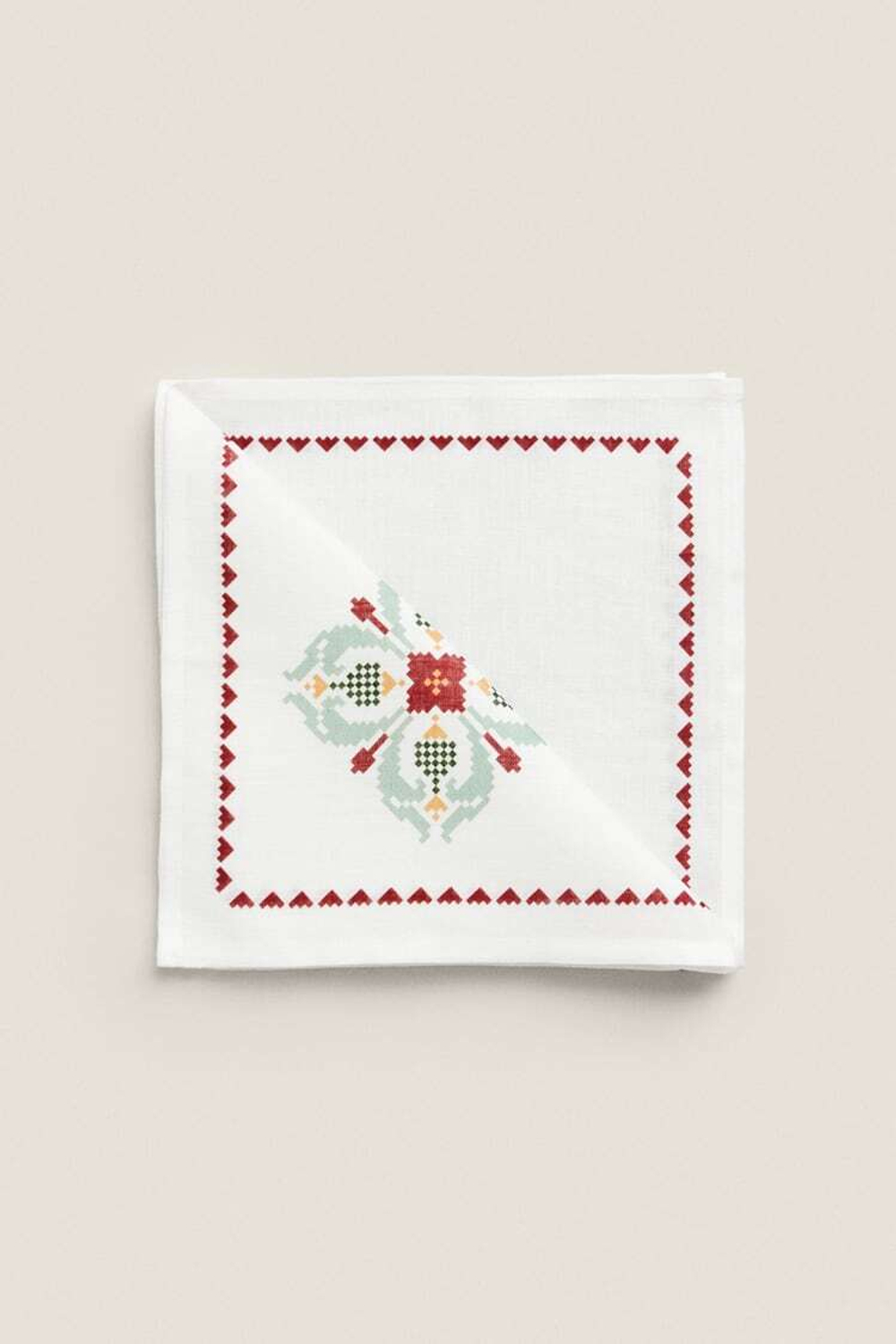 ZARA HOME НАБОР ЛЬНЯНЫХ САЛФЕТОК С ВЫШИВКОЙ КРЕСТИКОМ (НАБОР ИЗ 2 ПРЕДМЕТОВ),  СВЕТЛО-ЗЕЛЕНЫЙ