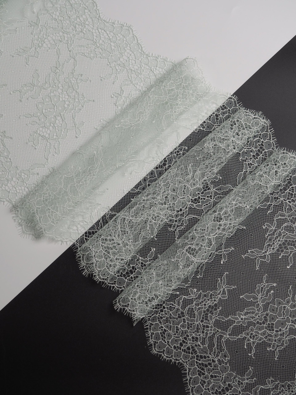 Кружево шантильи дымчатый ментол неэластичное ширина 22 см длина 1.45 м