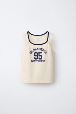 ZARA ФУТБОЛКА С НАДПИСЬЮ И КОНТРАСТНОЙ ОТДЕЛКОЙ, ЭКРЮ