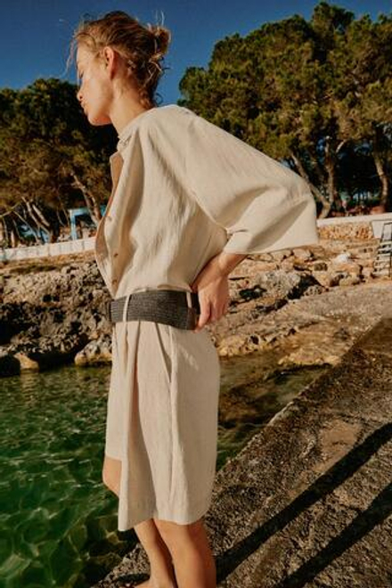 ZARA УКОРОЧЕННАЯ РУБАШКА С ШИРОКИМИ РУКАВАМИ, БЕЖЕВЫЙ