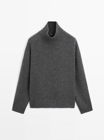 Massimo Dutti Шерстяной вязаный свитер с высоким воротником, серый