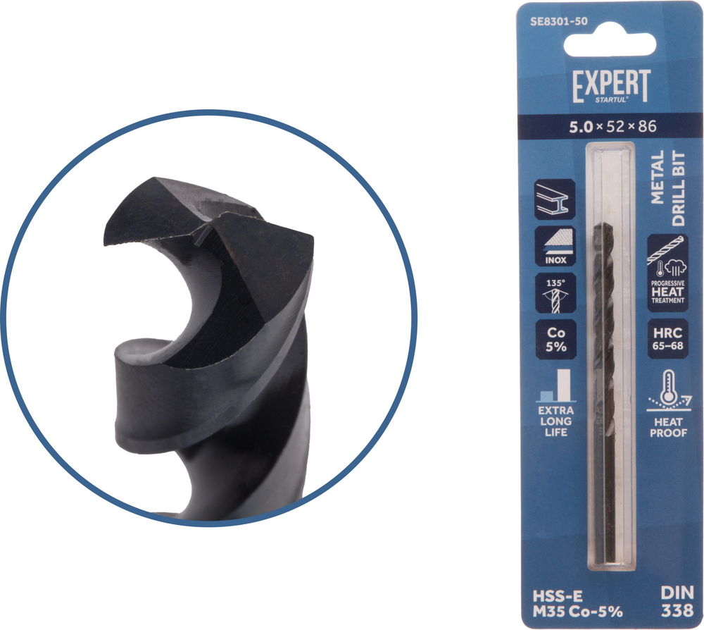 Сверло по металлу ц/х 5.0х52х86 мм HSS-Co Black EXPERT STARTUL