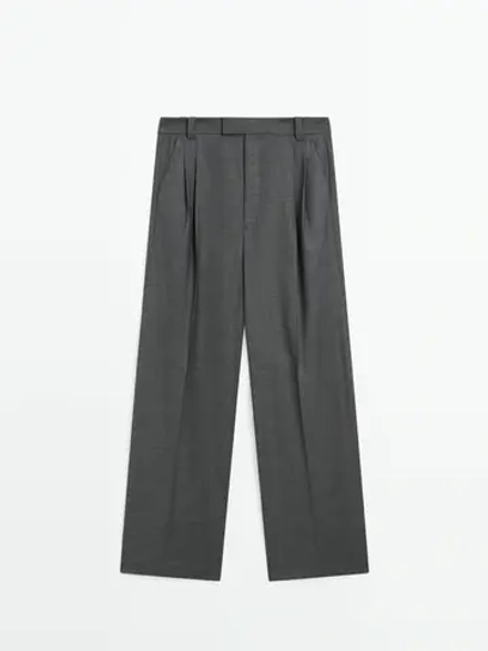 Massimo Dutti Шерстяные брюки прямого кроя с защипами, серый