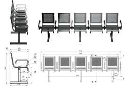 Секция стульев перфорированная пятиместная неразборная на квадратной трубе с подлокотниками