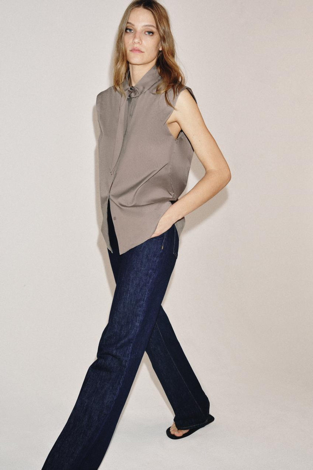 ZARA РУБАШКА С ЗАВЯЗКАМИ — ZW COLLECTION, СЕРЫЙ