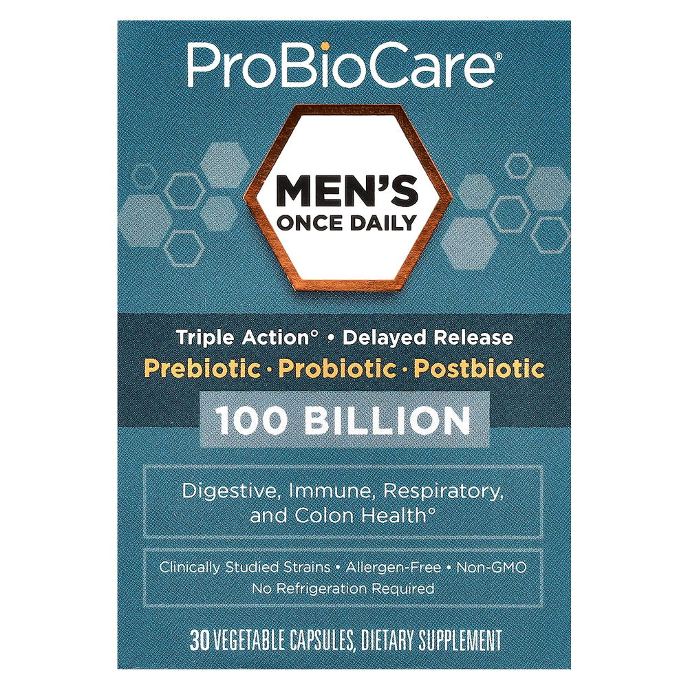 ProBioCare, Men's Once Daily, пребиотик, пробиотик, постбиотик, 100 млрд, 30 растительных капсул