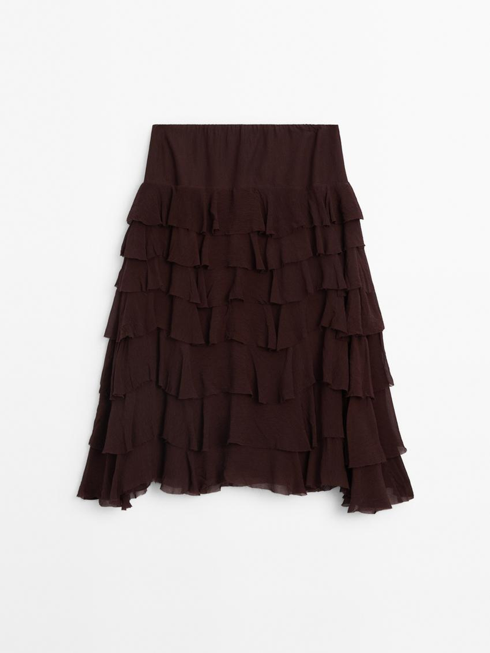 Massimo Dutti Юбка миди с оборками, шоколадно-коричневый