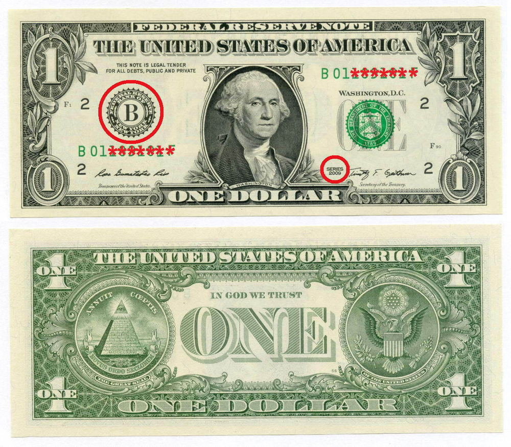 Банкнота США 1 доллар 2009 B (Нью-Йорк). UNС