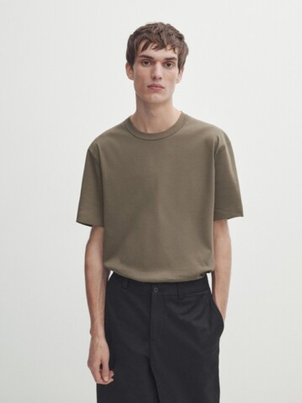 MASSIMO DUTTI Хлопковая футболка с короткими рукавами - Studio, хаки