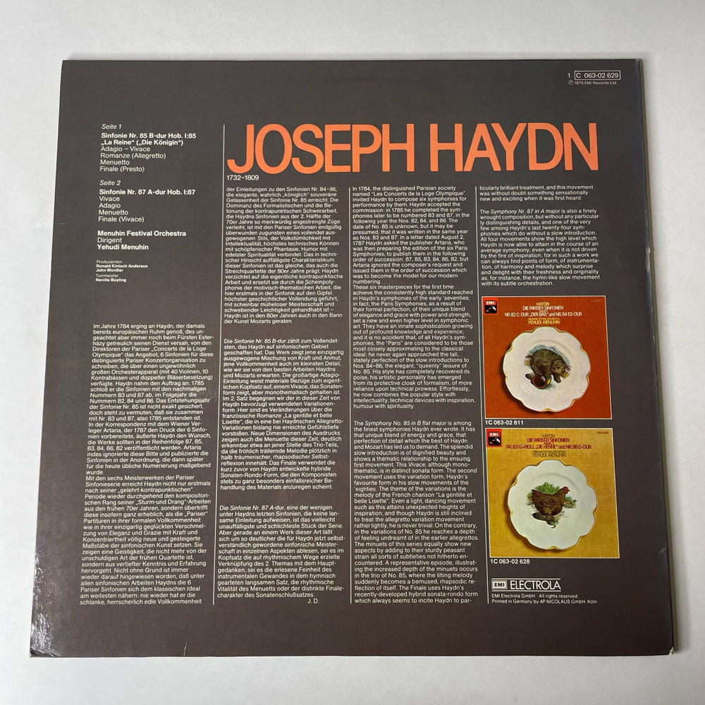 Винтажная виниловая пластинка LP Haydn Гайдн, Menuhin Festival Orchestra, Yehudi Menuhin, Die Pariser Sinfonien Album 3 Nr. 85 B-dur La Reine Und Nr. 87 A-dur (Германия 1976)