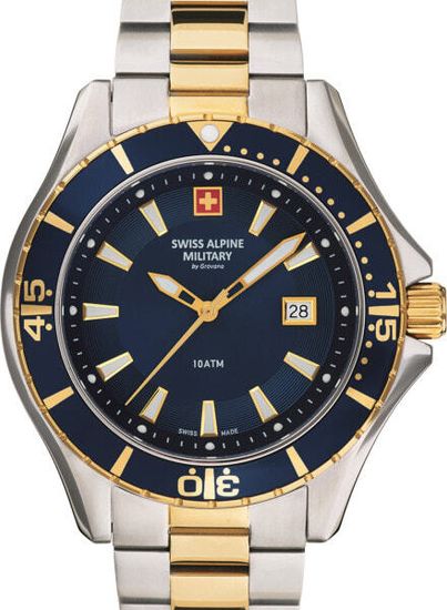 С браслетом Мужские наручные часы с серебряным золотым браслетом Swiss Alpine Military 7040.1145 diver 45mm 10ATM