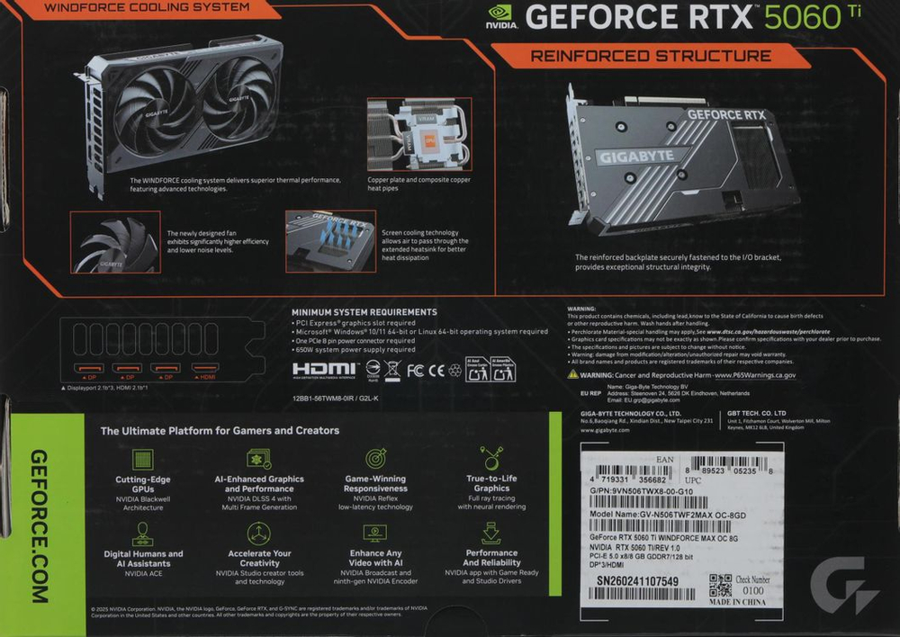 Видеокарта Gigabyte NVIDIA  GeForce RTX 5060TI GV-N506TWF2MAX OC-8GD 1.0 8ГБ Windforce Max, GDDR7, OC,  Ret