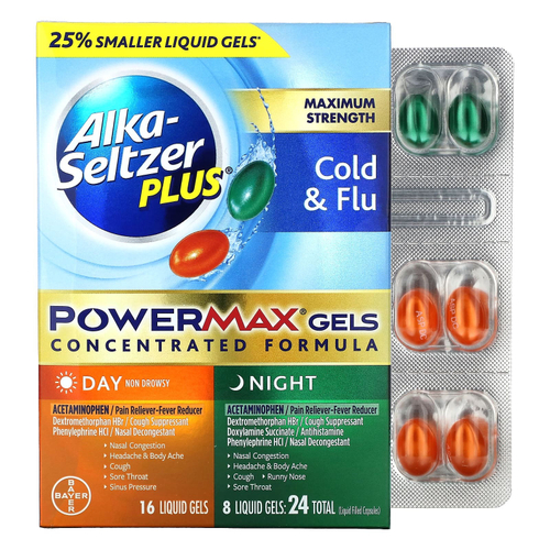 Alka-Seltzer Plus, Максимальная сила действия при простуде и гриппе, PowerMax, дневное и ночное средство, 24 жидких геля