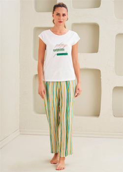 Женская Пижама 2-х предметная - Классический стиль, короткий рукав - Зеленая полоса - 10814