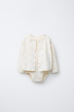 ZARA КОМПЛЕКТ ИЗ БОДИ И КАРДИГАНА С АЖУРНЫМ УЗОРОМ И ПРИНТОМ, ЖЕЛТОВАТО-БЕЛЫЙ