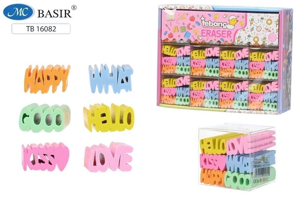 Ластик 4,8*2,2 см. мягкий, фигурный, в пластик. упакет по 6 шт. &quot;Слова&quot; (Basir)