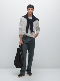 Massimo Dutti Свитер из смесовой шерсти с круглым вырезом, серый меланж