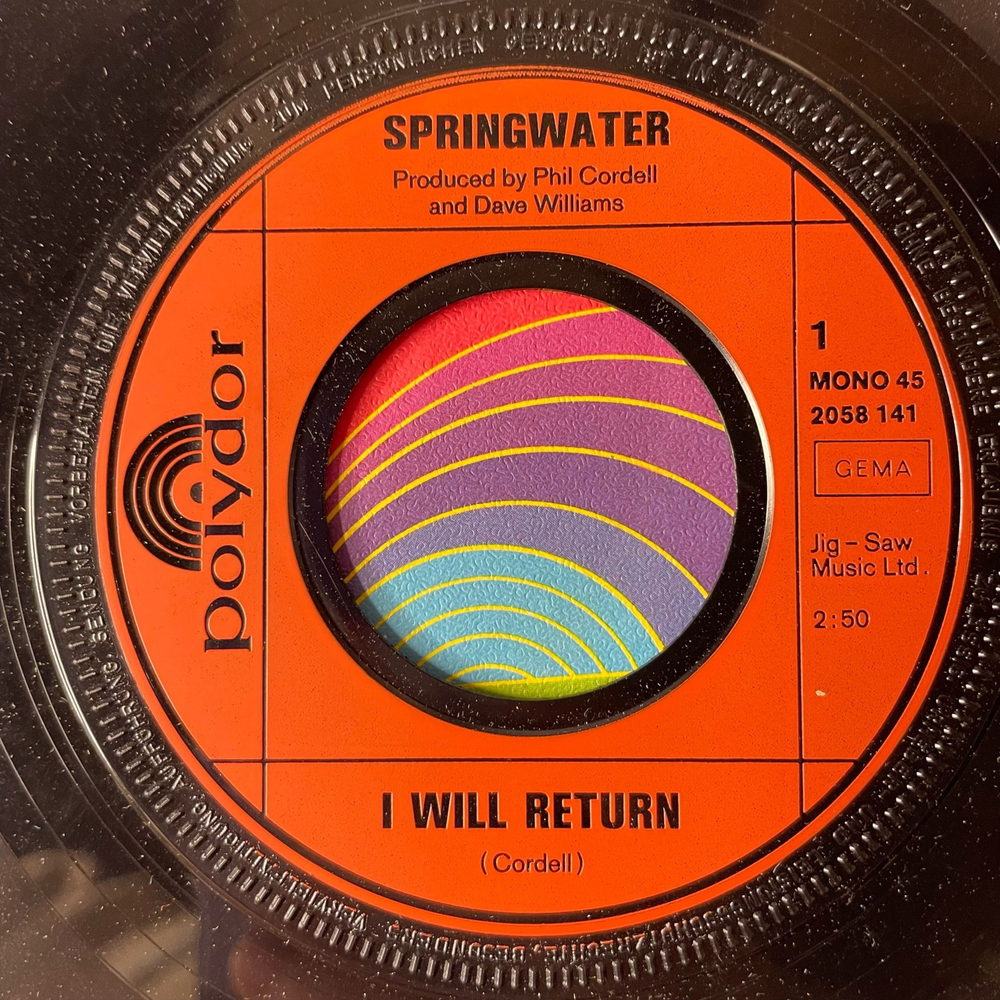 Винтажная виниловая пластинка 7 дюймов (маленькая пластинка) Springwater I Will Return (Германия 1971)