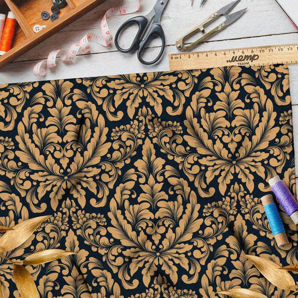 Ткань дюспо бронзовый симметричный узор на чёрном фоне
