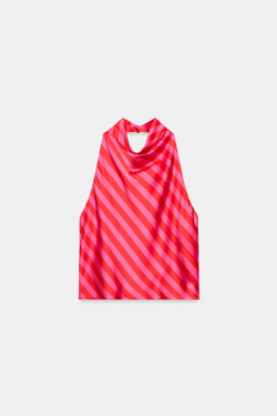 ZARA АТЛАСНЫЙ ТОП В ПОЛОСКУ С ГОРЛОВИНОЙ ХАЛТЕР, РАЗНОЦВЕТНЫЙ