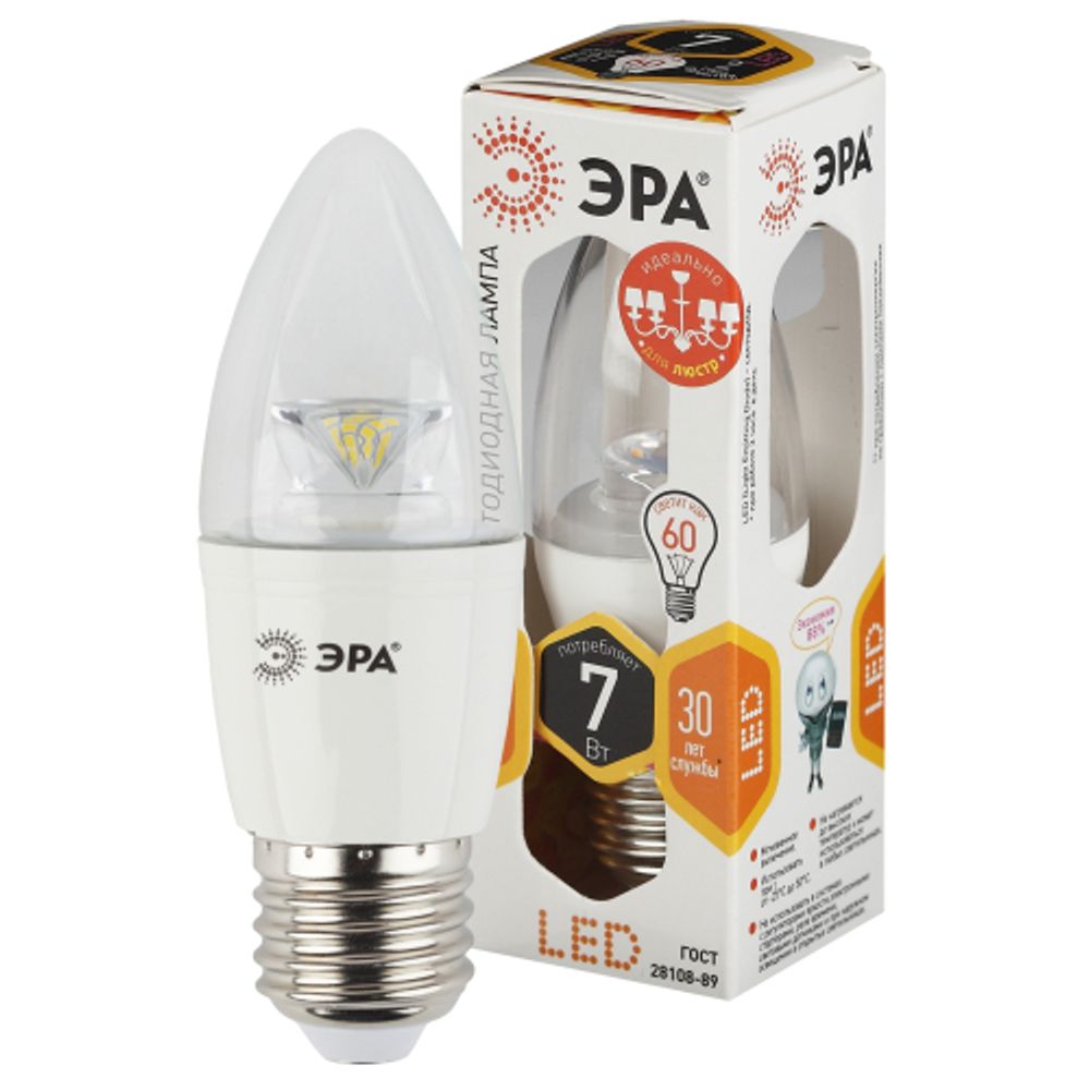 Лампа светодиодная ЭРА STD LED B35-7W-827-E27-Clear 7Вт свеча теплый белый свет E27/Е27