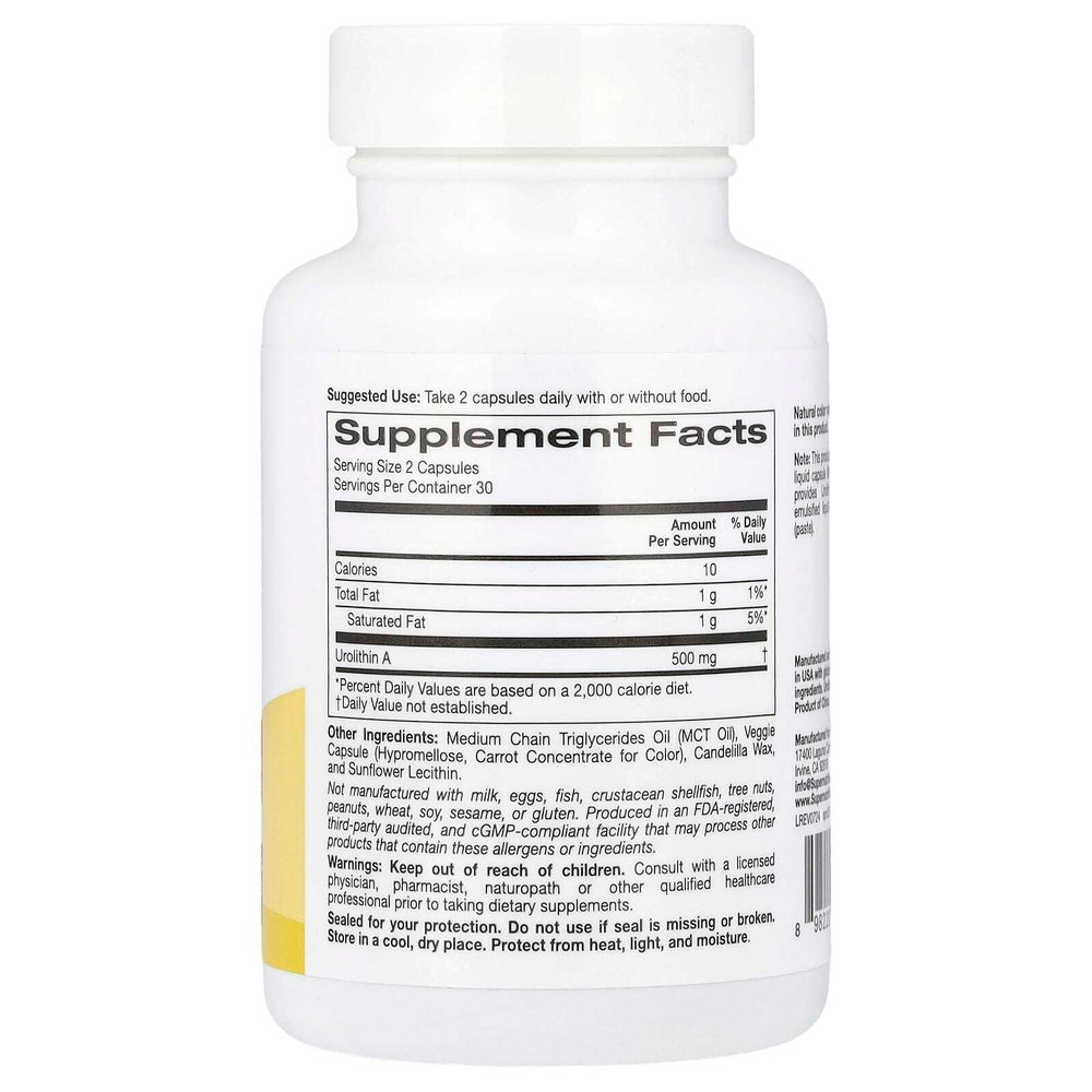 Super Nutrition, уролитин A, 60 растительных капсул с жидкостью (250 мг в 1 капсуле)