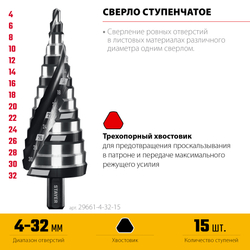 STAYER Pro-Max 4-32мм, 15 ступеней, винтовая спираль, сверло ступенчатое (29661-4-32-15)