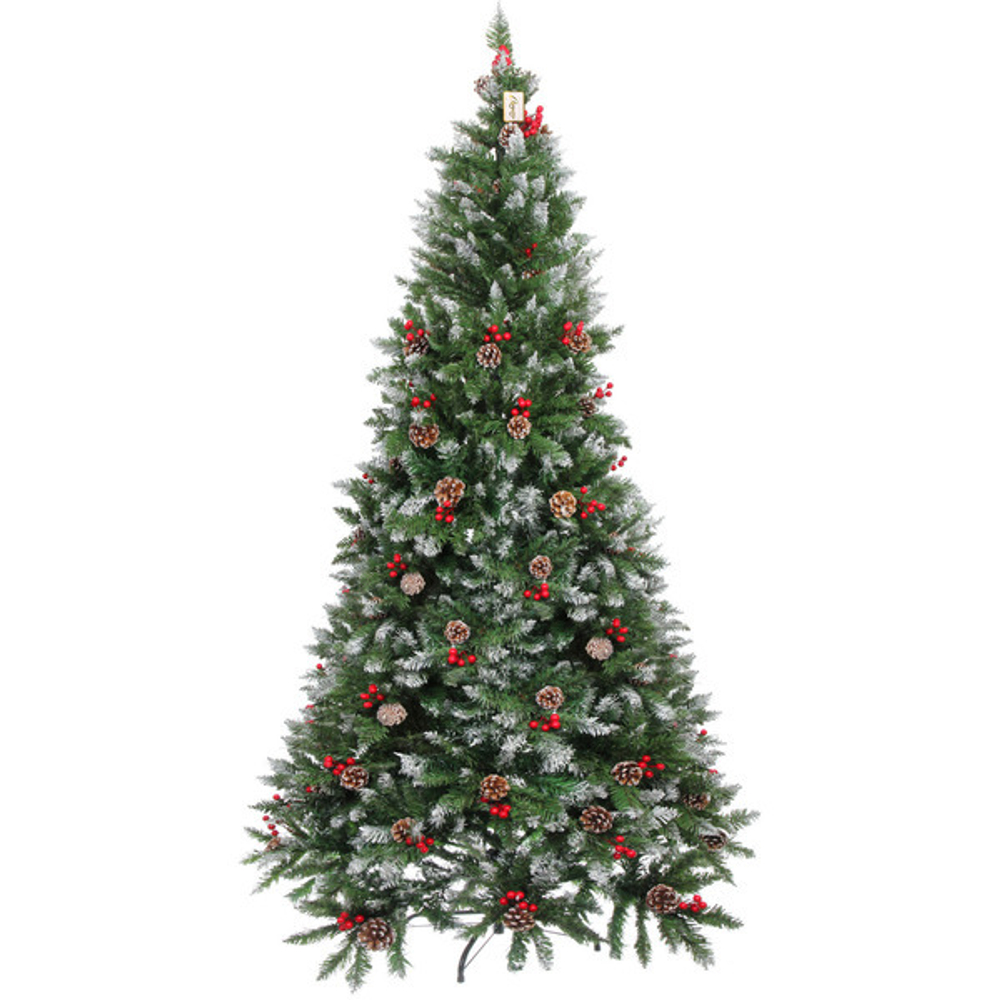 Ёлка «Морозная» 240 см, ПВХ с шишками,ягодами и белым напылением (1566 веток)