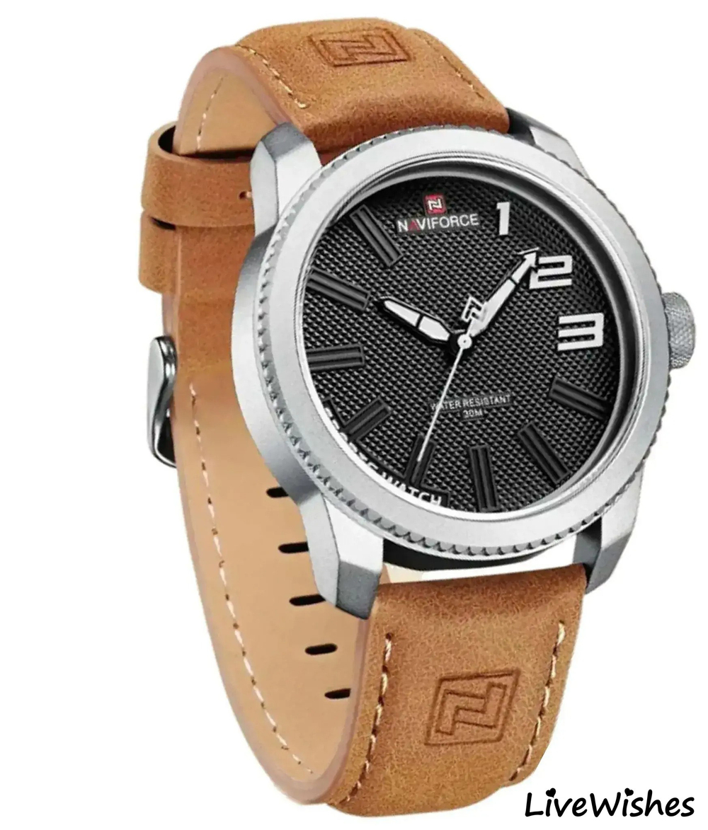 Часы наручные кварцевые NAVIFORCE на кожаном ремешке, серебристый/коричневый W8950-01