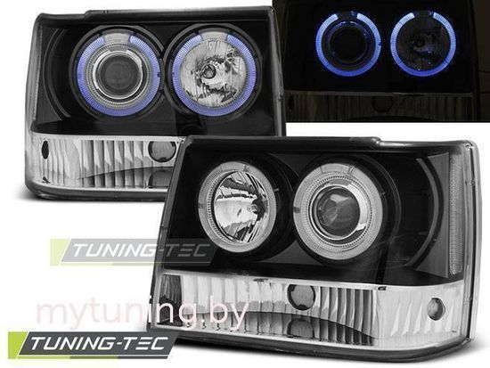 Передние фары Jeep Grand Cherokee ZJ angel eyes black