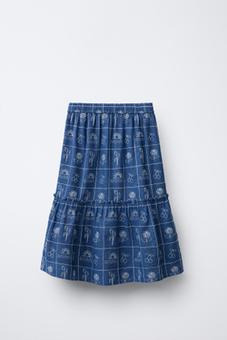 ZARA ЮБКА МИДИ С ВЫШИВКОЙ, СИНИЙ