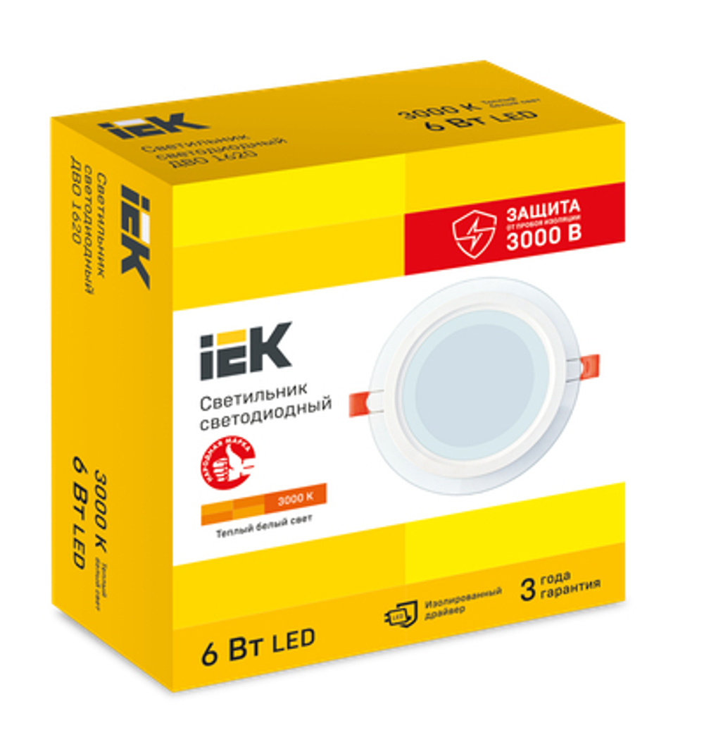 Светильник светодиодный ДВО 1620 со стеклом круг 6Вт 3000К IP20 IEK