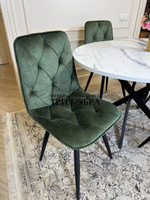 Круглый раздвижной стол "Лофт", белый мрамор и стулья "Ральф" оливковый