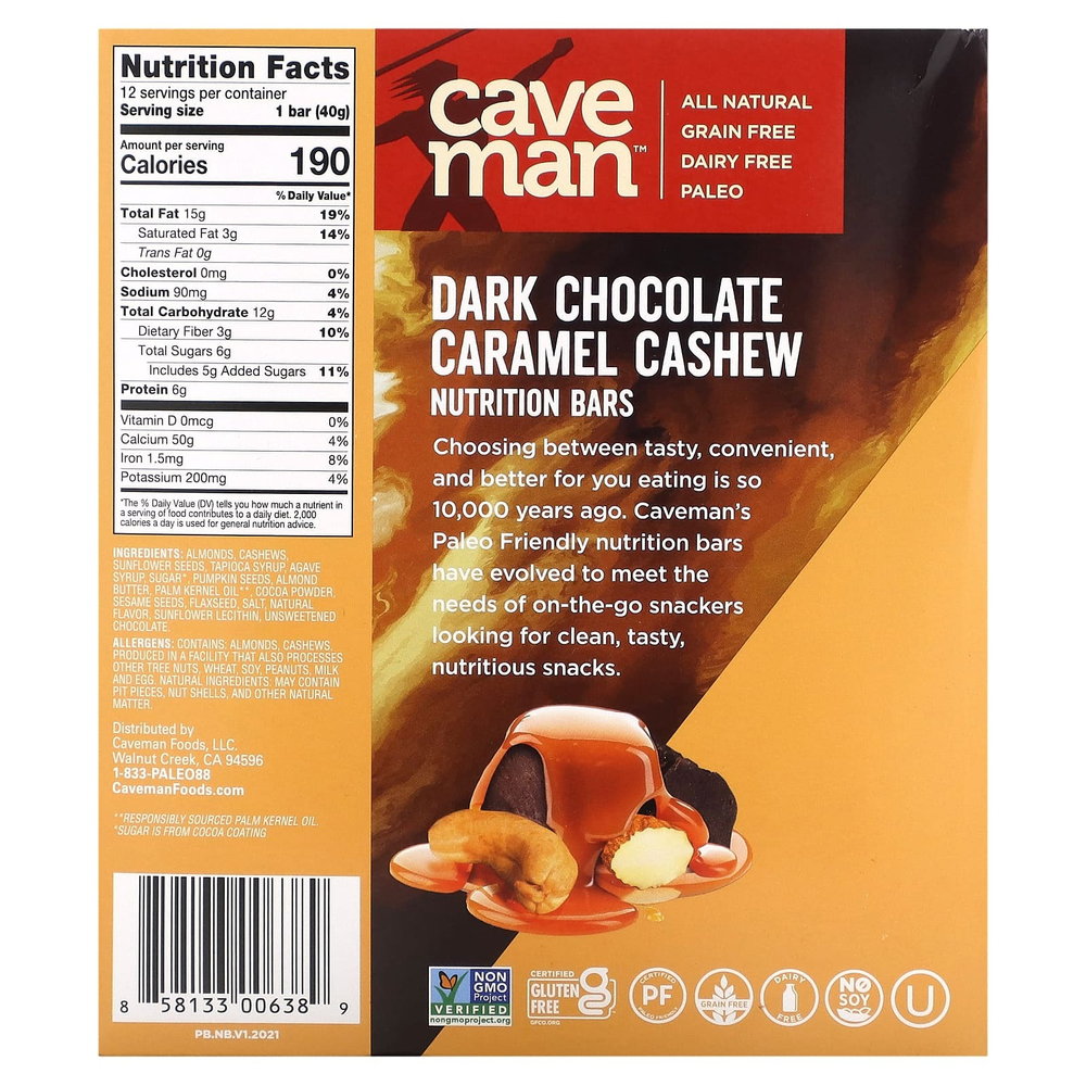 Caveman Foods, Nutrition Bars, темный шоколад, карамель и кешью, 12 батончиков по 40 г (1,41 унции)