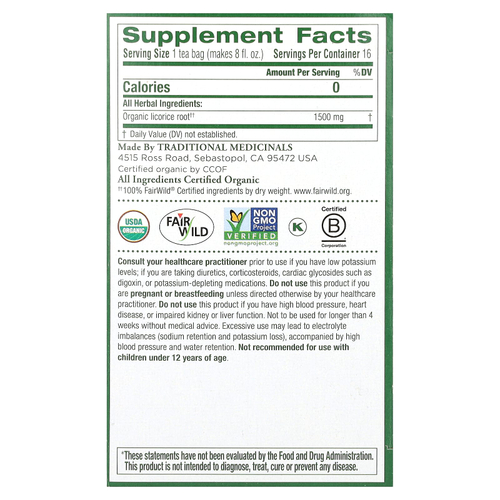 Traditional Medicinals, корень органической солодки, без кофеина, 16 чайных пакетиков, 24 г (0,85 унции)