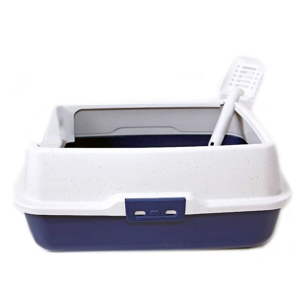 Лоток для кошачьего туалета с высоким бортиком и совком "Чистый котик" 50х40х22 синий