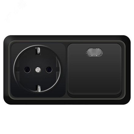Выключатель одноклавишный с подсветкой UNIVersal "Олимп" 10А + розетка с/з, о/у,16A, черный (1/50)