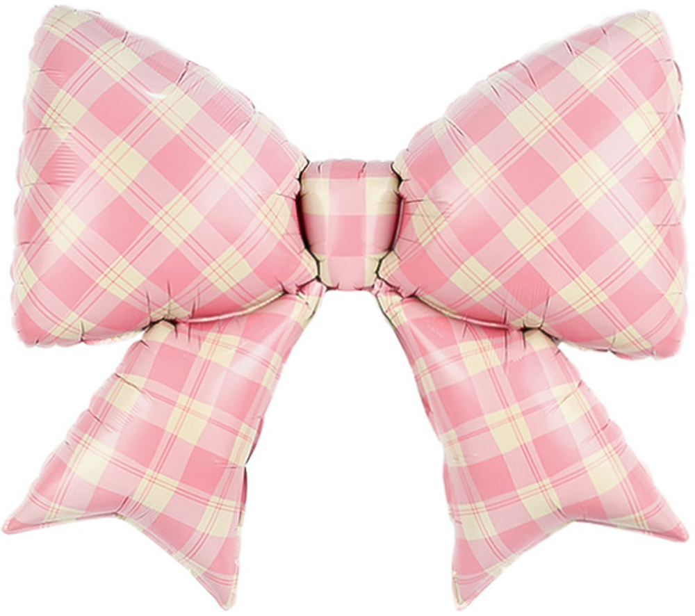 Фигурный шарик из фольг с гелием в виде розового бантика в белую клеточку