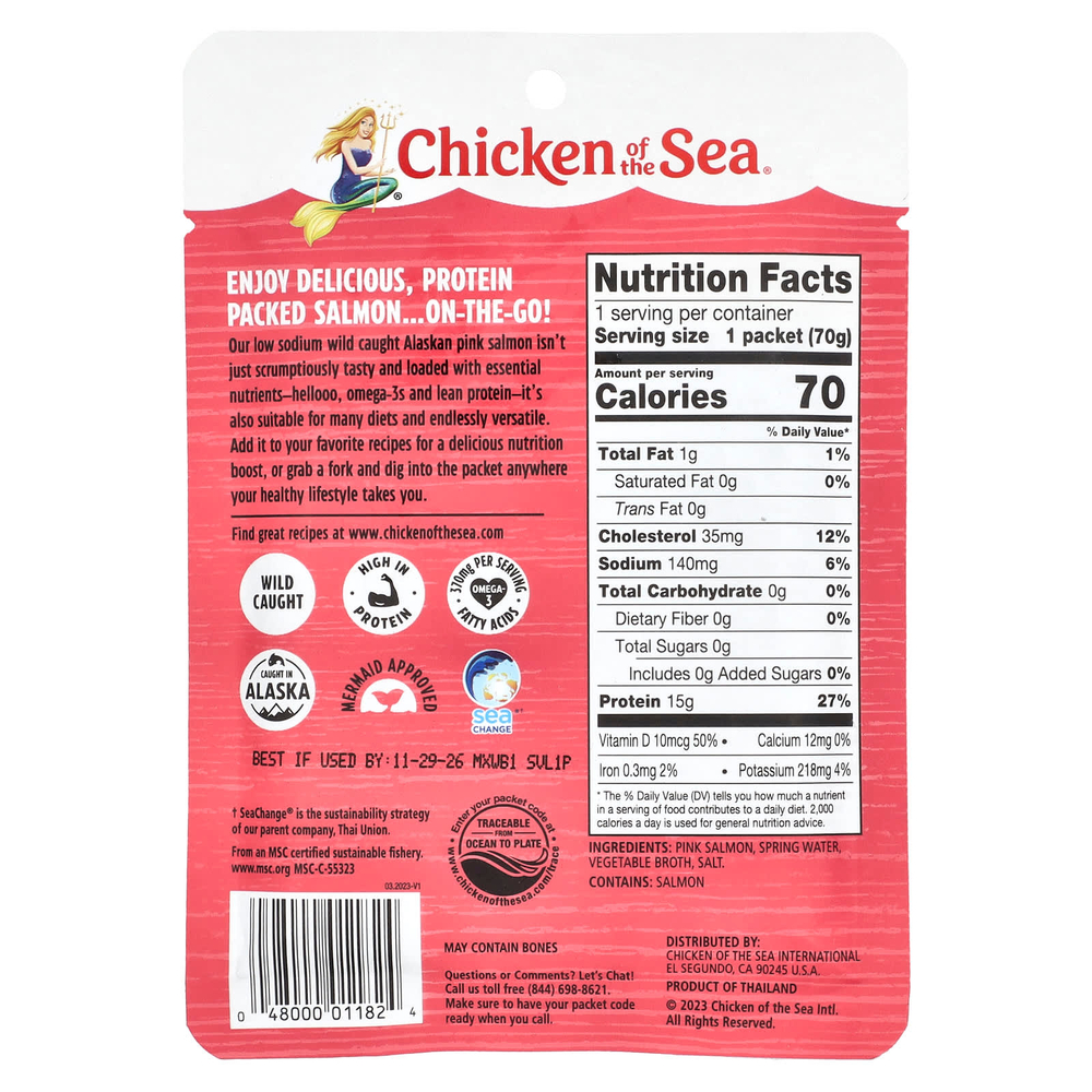 Chicken of the Sea, Дикий аляскинский лосось в родниковой воде, с низким содержанием натрия, 70 г (2,5 унции)