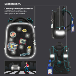 Ранец BRAUBERG PREMIUM, 2 отделения, с брелком, "Space mission", LED ЛАМПОЧКИ, 38х29х16 см, 270599