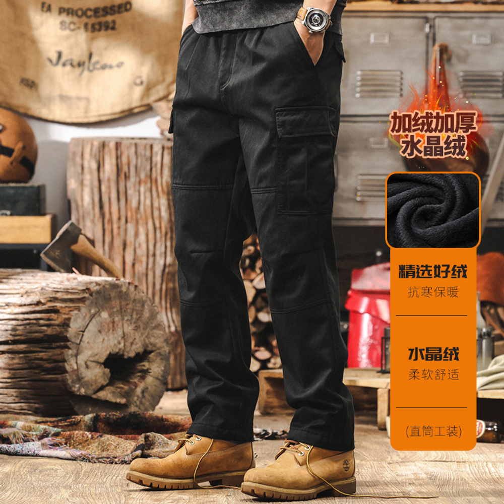 Мужские рабочие брюки в американском ретро-стиле, весенне-осенний стиль, свободные прямые тактические функциональные повседневные брюки на флисовой подкладке.
