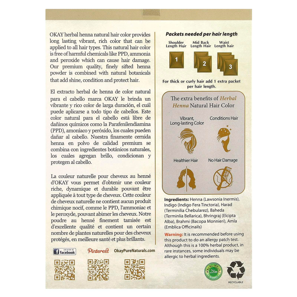 Okay Pure Naturals, Натуральная краска для волос из травяной хны, светло-коричневый, 56,7 г (2 унции)