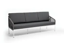 "Канны" диван 3-местный плетеный из роупа, каркас алюминий белый муар, роуп светло-серый круглый, ткань серая 017