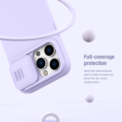 Чехол фиолетового цвета (Misty Purple) с шелковистым покрытием от Nillkin для iPhone 14 Pro Max, серия CamShield Silky Magnetic Silicone Case (поддержка беспроводной зарядки MagSafe)