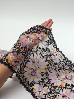 Эластичное кружево черное с мультиколор ширина 21 см ОТРЕЗ 2 м