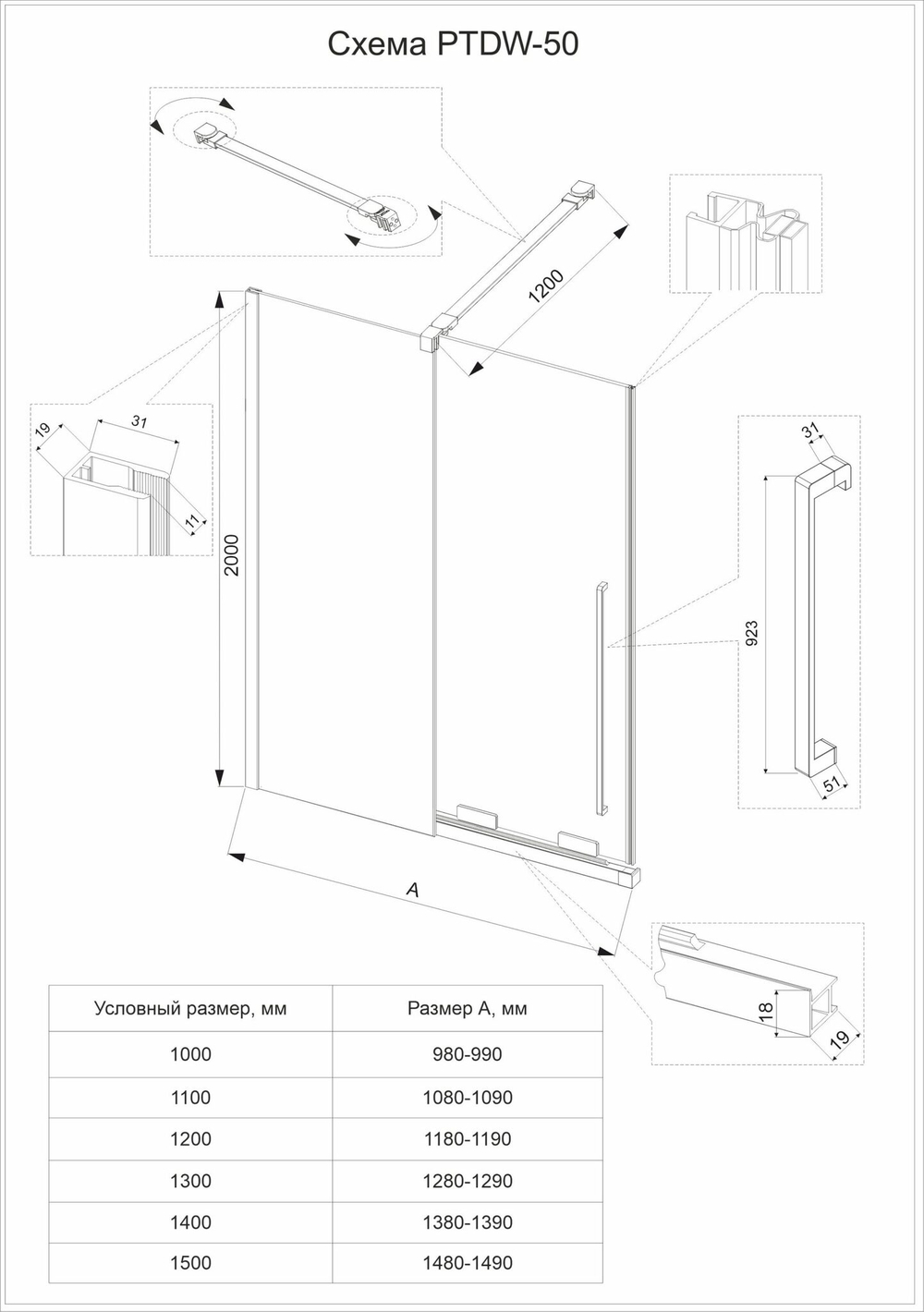 Душевая перегородка Veconi Premium Trento PTDW-50B, 1500x2000, черный матовый, стекло прозрачное