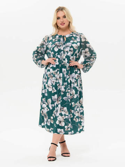 Комбинированное платье из трикотажа и шифона, изумрудное