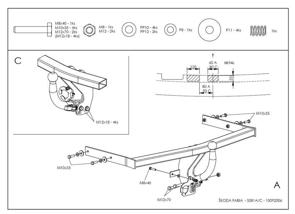 Фаркоп оцинкованный Galia S081A для Skoda Fabia хетчбек 2000-2007, 2007-2014(паспорт и сертификат в комплекте)(без электрики)